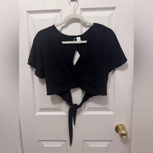 H&M Black Wrap Front Crop Top with Key Hole Tie-back